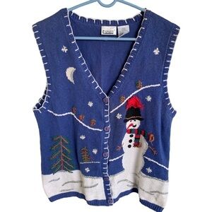 Christmas Sweater Vest Blue White Snowman Trees Snowflakes Women’s Size Large